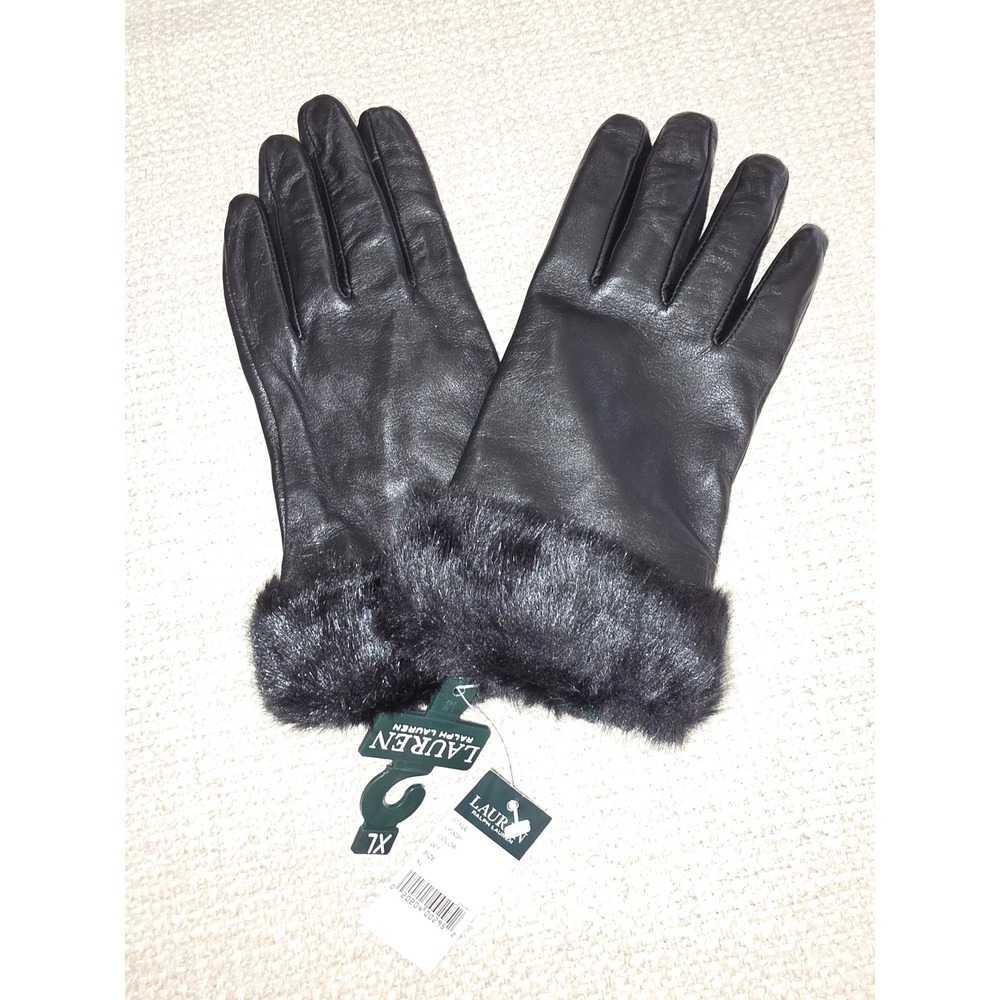 Lauren Ralph Lauren Womens Black Leather Faux Fur Trim Gloves XL LP0031 NEW